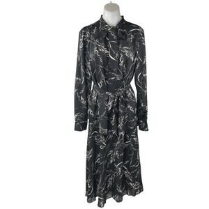 H&M Black White Printed Tie Neck Long Sleeve Blouse Midi Skirt 2-Piece Set Sz 14